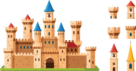 Medieval castle vector illustration with towers turrets walls and separate building elements for fairy tale kingdom design © Prodip