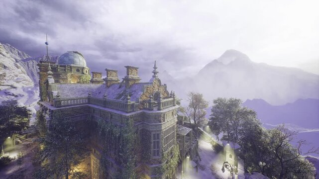 A grand mansion stands surrounded by snow, with lush greenery overtaking its walls. The mountains fade into the mist as twilight casts a magical glow over this enchanting scene.