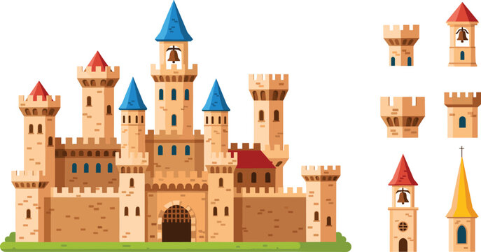 Medieval castle vector illustration with towers turrets walls and separate building elements for fairy tale kingdom design