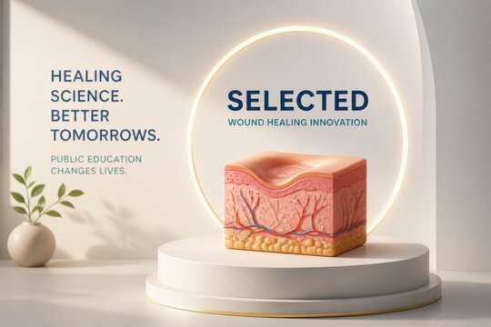 3D medical illustration of skin wound healing model on podium with ring light in minimalist healthcare concept