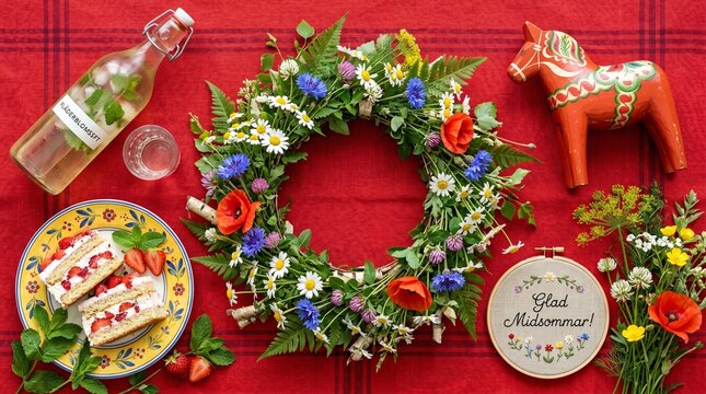 Midsummer Celebration Flatlay With Flower Wreath, Strawberry Cake, Dala Horse And Embroidery Hoop