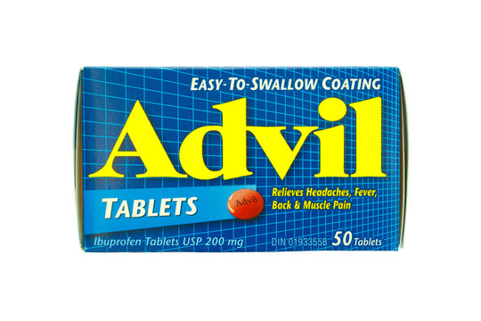 Pleasant Valley, Canada - May 21, 2026: Box of Advil tablets isolated on white. Advil is a brand of pain relieving medication presently owned by Haleon.