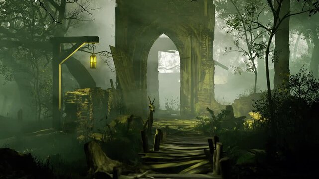 Ancient stone arches rise amidst a fog shrouded forest, illuminated by a soft lantern glow. A narrow path leads through lush foliage, inviting adventure into the unknown.