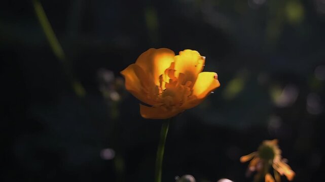 Backlit orange buttercup flower glowing in golden sunlight against dark moody bokeh background, cinematic nature footage