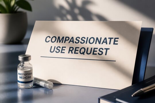 Compassionate use request concept with medicine vial and office desk for healthcare approval and medical access