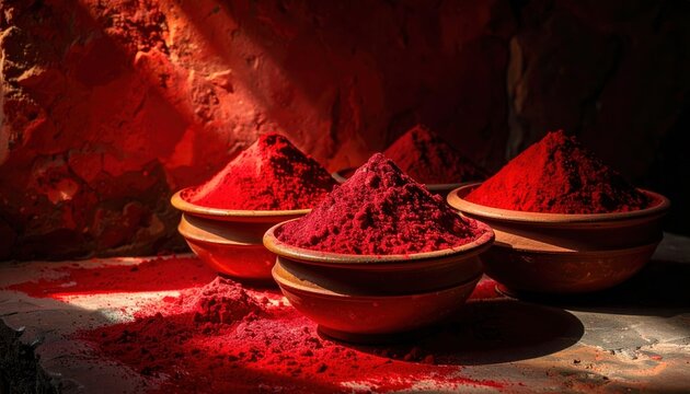 Bowls of Rich Crimson Cochineal Dye Powder, Finely Ground into a Vibrant Red Pigment