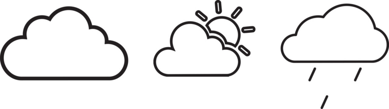 Weather Icons: A simple line art illustration featuring three distinct weather icons: a fluffy cloud, a sun peeking from behind a cloud, and a cloud with falling rain.png