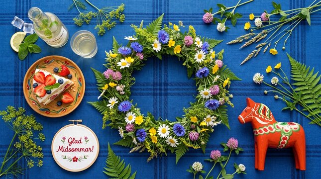 Swedish Midsummer Wreath and Flower Crown With Dala Horse, Strawberries and Glad Midsommar Embroidery