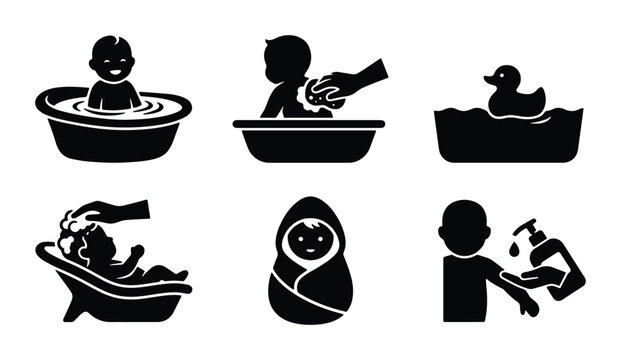 Baby Bath Time Icons Set, Newborn Hygiene Pictograms, Infant Care Symbols, Child Safety and Cleanliness Graphics