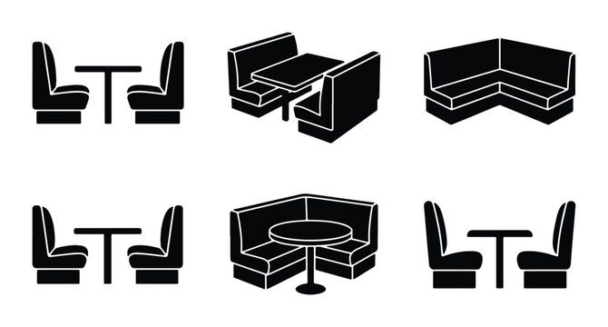 Retro Diner Booths and Tables Vector Icons Set, Vintage Restaurant Seating Collection, Classic American Cafe Furniture Graphics