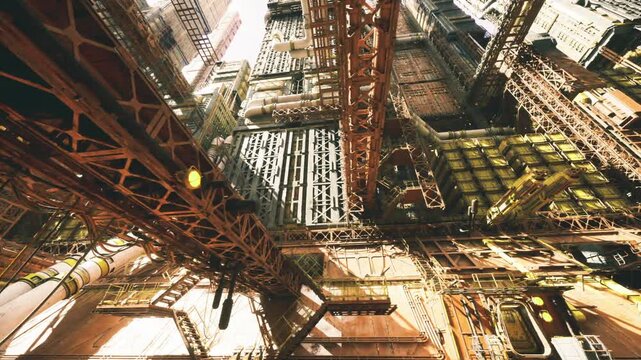 cinematic industrial overpass with intersecting girders and sunbeams slicing through, high drama perspective, drone filmmaker imagined shooting tilt reveal