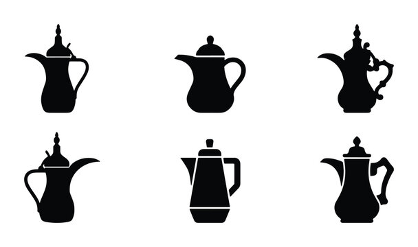 Dallah Coffee Pot Icons, Arabic Coffee Server Silhouettes, Traditional Islamic Beverage Vessels, Vector Set
