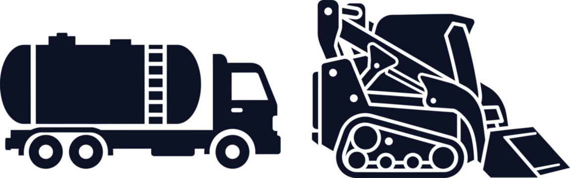 Silhouette Icons of a Tanker Truck and a Skid Steer Loader on White Background Keywords: tanker truck, skid steer loader, truck