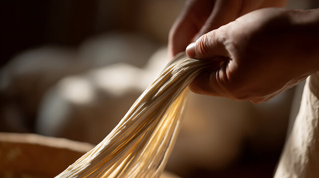 Artisan Prepare Fresh Dough for Delicious Italian Pasta, Hands Stretch and Knead Long Strands, Traditional Culinary Craft, Close-up Detail