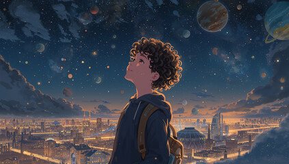Obraz premium 宇宙のような夜空と未来都市を見つめる日本人の男の子の幻想画