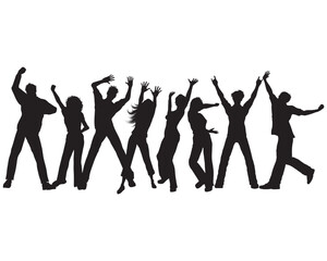 Fototapeta premium Energetic silhouettes of people dancing joyfully with raised hands isolated on a white background raised arms silhouette celebration movement lifestyle background excitement together