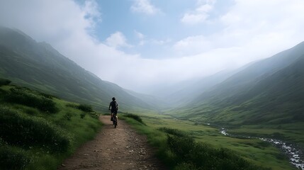 Obraz premium A solitary figure walks along a dirt path through a misty lush green mountain valley