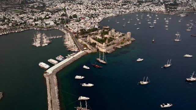 Historic Castle and Yacht Marina in Bodrum Turkey Aerial View