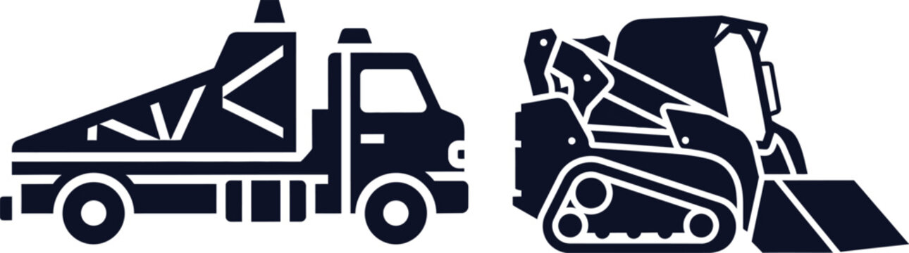 Silhouette of a tow truck and a skid steer loader on a white background flatbed truck construction