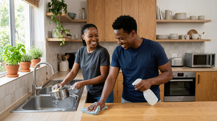 Obraz premium African American couple cleaning modern kitchen together. Smiling man and woman washing dishes and wiping wooden counter. Domestic teamwork and household chores