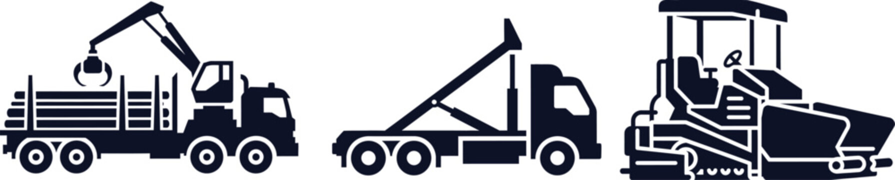 Silhouettes of a log loader truck, a skip loader truck, and a road roller on white background