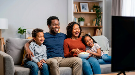 Obraz premium African American family watching TV together on sofa in living room. Happy parents and children eating popcorn and laughing. Home entertainment and bonding