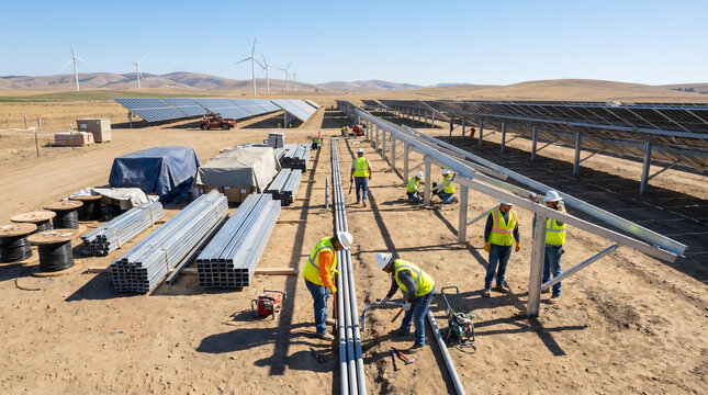 Workers installing solar infrastructure at a construction site
