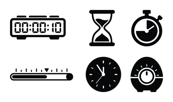 Timekeeping Icons Set: Digital Timer, Hourglass, Stopwatch, Slider, Clock, Kitchen Timer, Vector Graphics for Countdown and Measurement