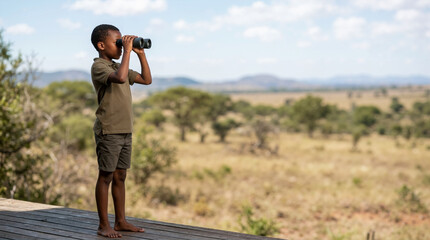Obraz premium African boy on safari looking through binoculars at the savanna. Child on an adventure trip watching wildlife in Africa. Travel and tourism concept with copy space