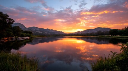 Fototapeta premium Vibrant reflection of colorful sunrise or sunset light across the water and distant mountain landscape