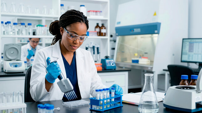 African American female scientist working in a research laboratory. Medical researcher using a multi-channel pipette for a scientific experiment
