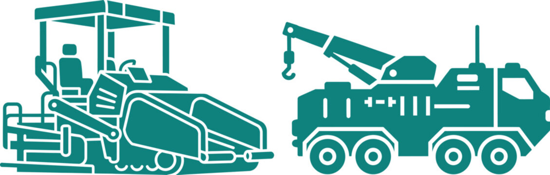 Teal Flat Design Road Roller and Tow Truck with Hook on White Background heavy machinery construction