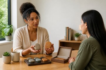 Fototapeta premium Two women discussing wellness products during a calm consultation with sample stones and presentation materials