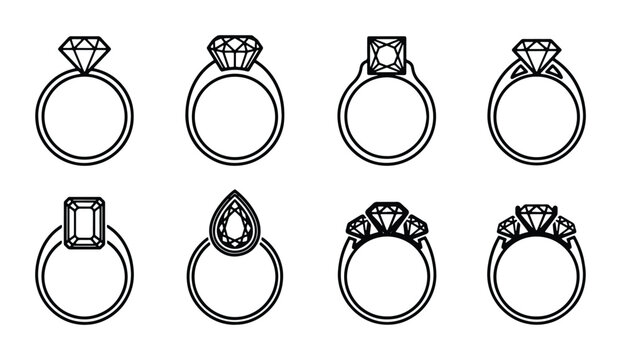 Diamond Ring Icons, Elegant Jewelry Vector Set, Engagement & Wedding Band Graphics, Precious Gemstone Illustrations