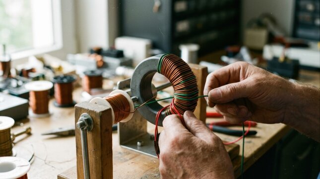 Medium frame capturing commonmode toroidal inductor core with enamel wire coils arranged on a manual winding fixture highlighting craftsmanship.