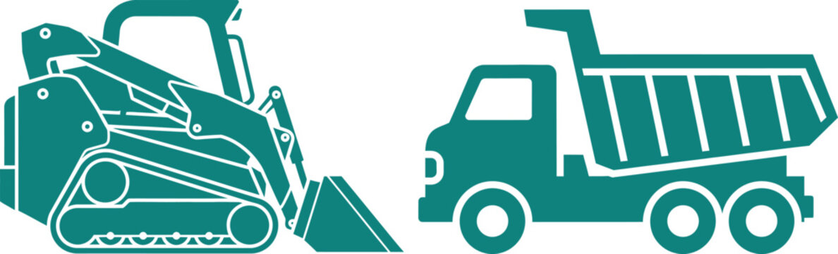 Teal Silhouette Icons of a Skid Steer Loader and a Dump Truck on White compact loader construction equipment
