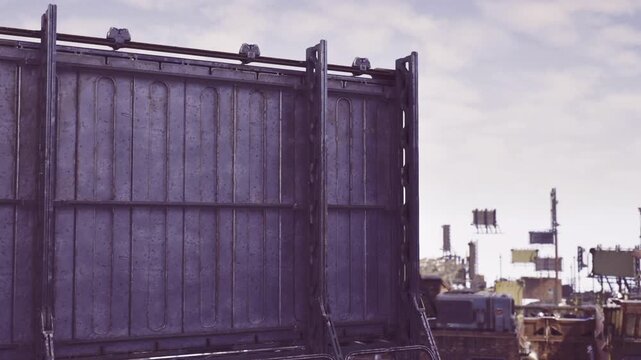 back of billboard with metal supports and rooftop attachments, large panel structure dominating frame, industrial framing against cloudy sky, structural detail