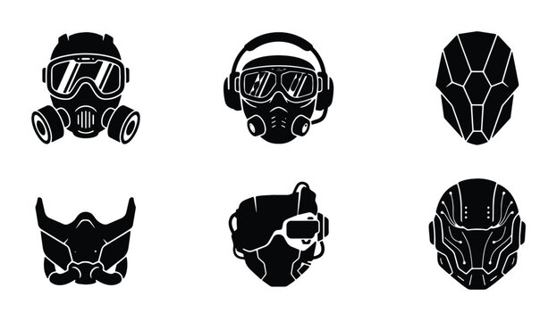 Futuristic Protective Masks, Sci-Fi Helmets, Cyberpunk Face Shields, Military Gas Masks, Vector Icons Set