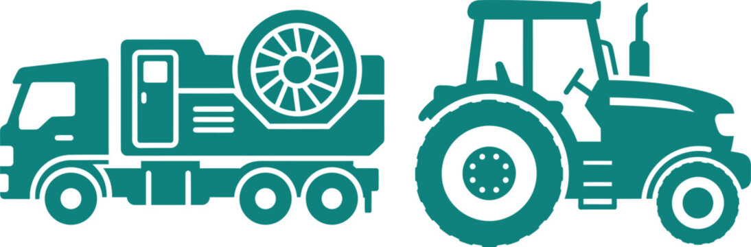 Teal Truck with Spare Tire and Tractor Icons on White Background vehicle transportation