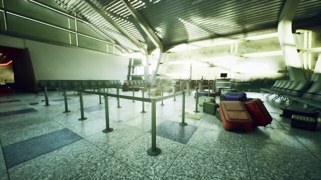 quiet gate area under curved roof with empty seats and scattered bags, soft daylight through skylights, minimalist atmosphere ideal for editorial travel