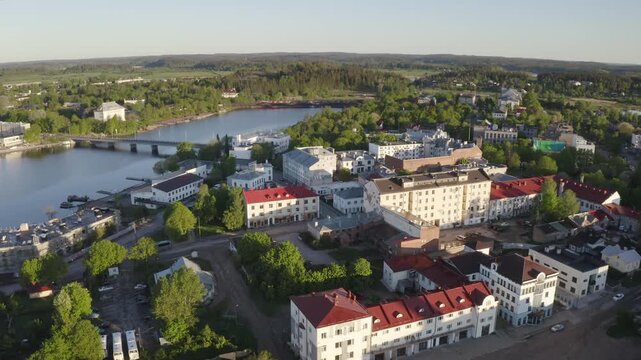 Drone footage of Sortavala town on sunny summer morning. Karelia, Russia.
