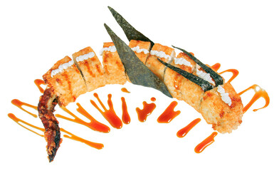 Sushi roll in the shape of a dragon. Isolated on white background. Creative dish for menu. © Sergei