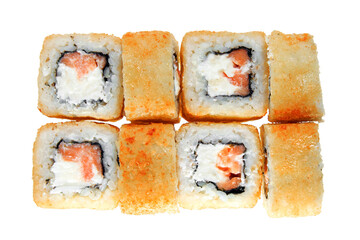 Portion hot fried sushi rolls with salmon and cheese. Isolated on white background. Menu. © Sergei