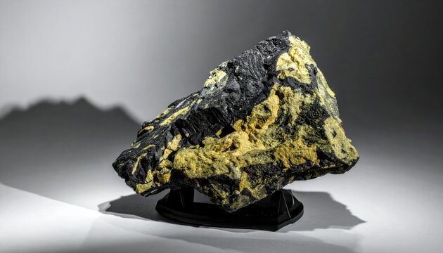 A rough textured sample of uranium ore showcasing contrasting black and yellow mineral deposits