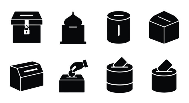 Collection of Diverse Ballot Boxes and Donation Containers, Election and Charity Icons, Simple Black and White Vector Graphics