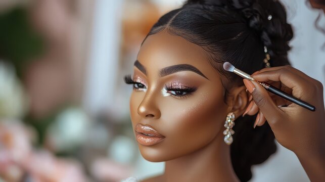 Young woman receiving professional makeup application with gold earrings in soft natural light