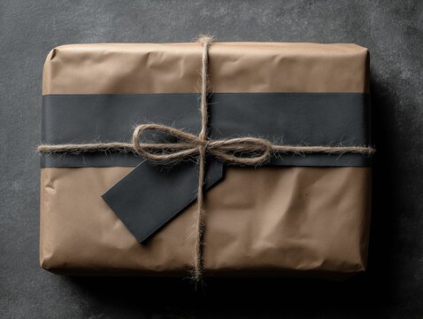 Rectangular cardboard package wrapped in simple brown paper tied securely with rustic jute twine and tags