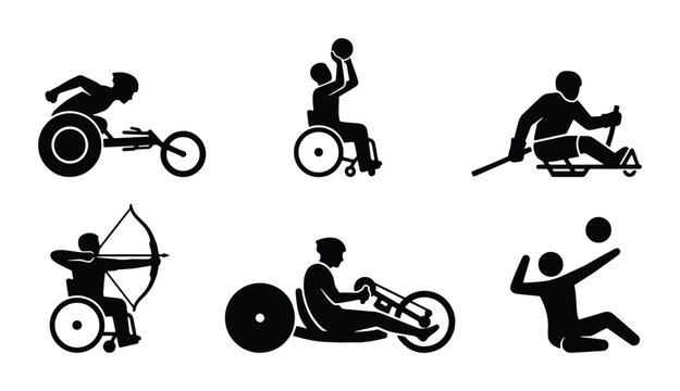 Paralympic Sports Icons: Wheelchair Basketball, Archery, Volleyball, Racing, Sled Hockey, Adaptive Athlete Vector Set