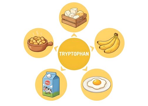 Vector infographic illustration showing various food sources rich in tryptophan including cheese, bananas, eggs, milk, and potatoes, centered around a yellow nutrient label