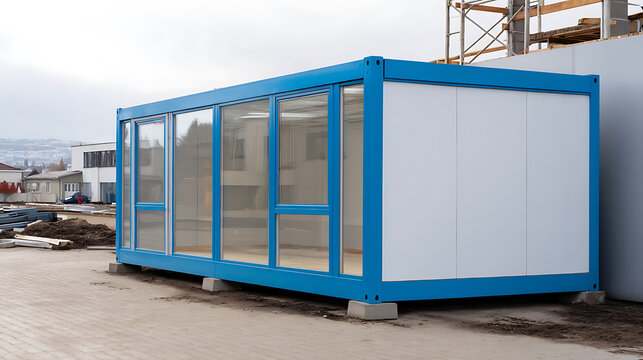 Modern pre-fabricated container office building with blue frame and large glass windows on a construction site, ready for use as temporary workspace